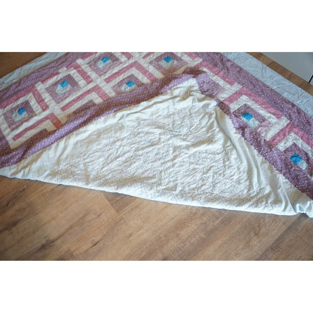 Handmade Patchwork Quilt Pink Blue Floral Log Cabin Style 84x70‎ Blanket